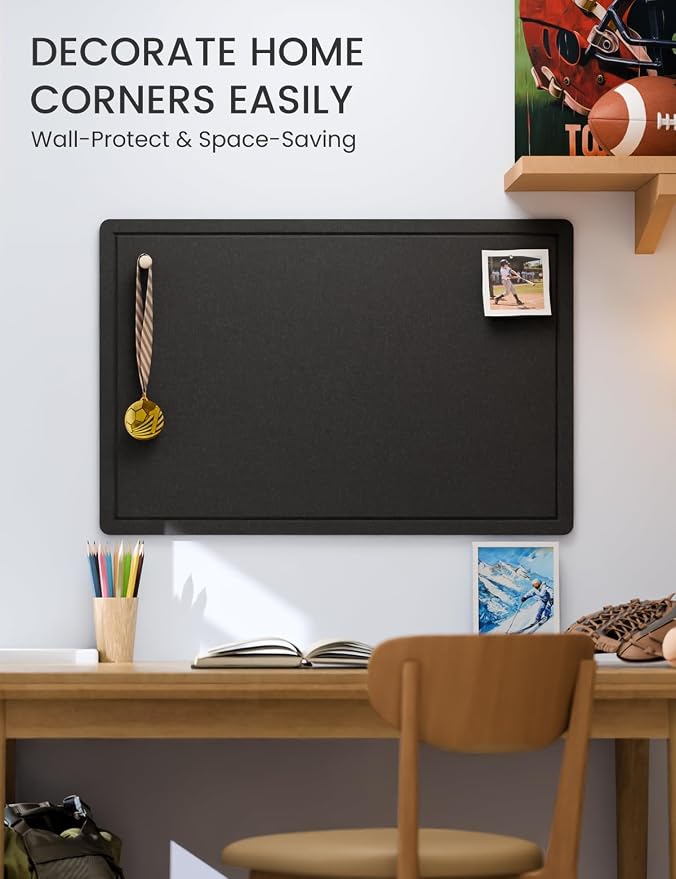 Fluxynara 35.4" x 23.6" Bulletin Board, Black | Cork Board Alternative with 12 Removable Adhesive Tabs, Foldable Felt Pin Board for Home, Office, Classroom & Dorm