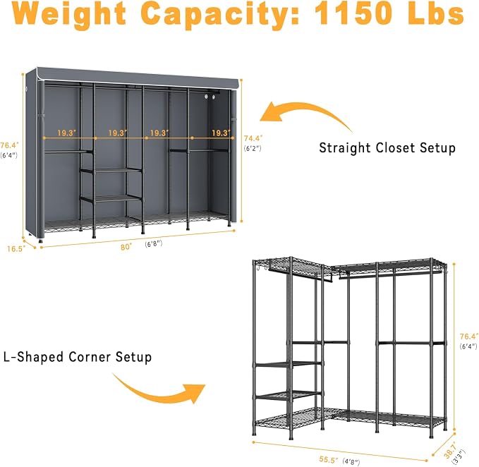 ULIFHOME Clothes Rack with Cover, Large Clothing Racks for Hanging Clothes | H41C Heavy Duty Garment Rack, Adjustable Shelves and Rods, Max Load 1150 Lbs, Black Portable Closet Rack with Gray Cover