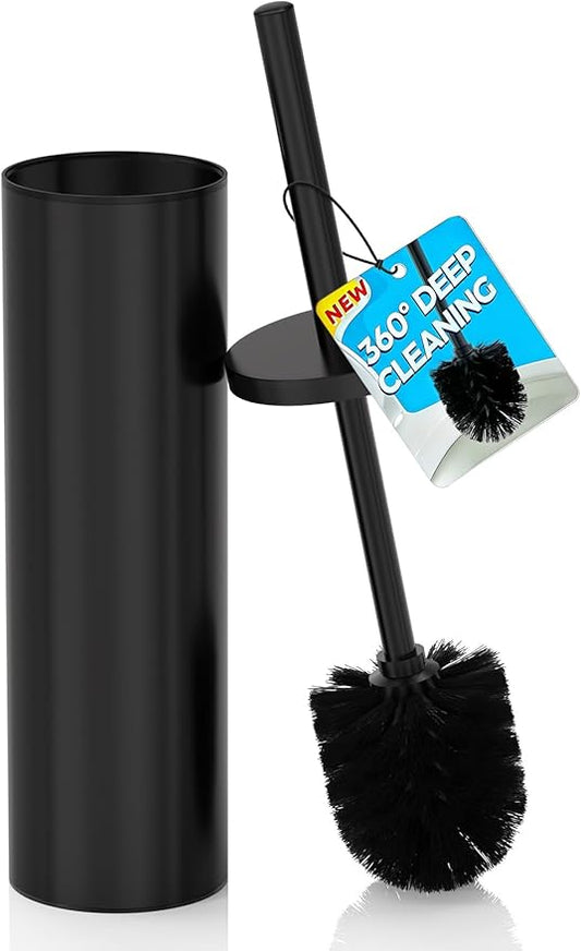 DOWRY Toilet Bowl Brush and Holder for Bathroom, Deep Cleaning Toilet Brush and Holder Set with Long Handle, Hidden Toilet Bowl Brush with Replaceable Head,Modern Decor Black Round