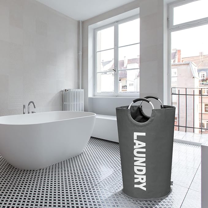 DOKEHOM 90L Large Laundry Basket Bag, Collapsible Tall Hamper, Dark Grey | Freestanding tall washing bin & foldable laundry bag. High-capacity clothes storage basket with durable sturdy handles