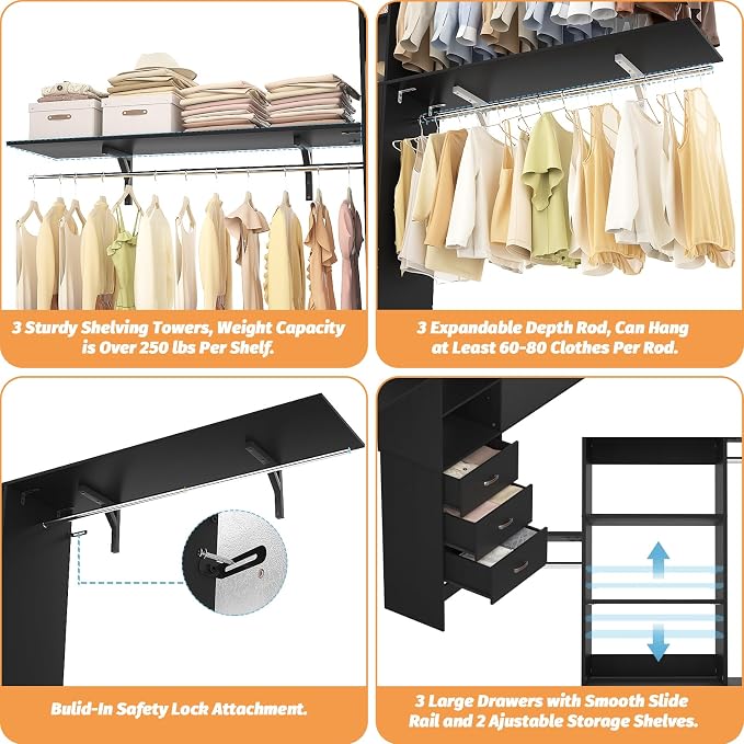 Armocity 120 Inches Closet System, 10FT Walk In Closet Organizer with 3 Shelving Towers, Heavy Duty Clothes Rack with 3 Drawers, Built-In Garment Rack, 120" L x 16" W x 75" H, Max Load 1300 LBS, Black