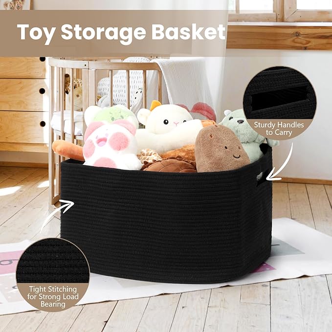 Optish 75L Blanket Basket, Large Woven Baskets for Storage, Blanket Storage for Living Room, Rope Basket with Handles for Bedroom, Nursery, Toys, Clothes, 22” x 17” x 11.5”, Black