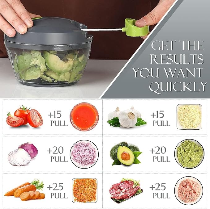 Manual Food Processor - Pull String Hand Chopper for Kitchen - Handheld Vegetable & Salad Cutter - Portable Garlic Mincer & Onion Dicer - Compact BPA-Free Stainless Steel Veggie Slicer - 500ml