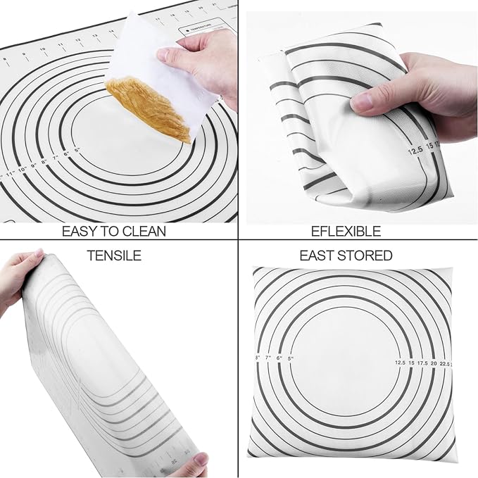 Rolling Pins, Stainless Steel Dough Roller, Rolling Pin and Silicone Baking Pastry Mat Set, Adjustable Rolling Pin with Thickness Rings for Baking Dough, Pizza, Pie, Pastries, Pasta, Cookies(Black)
