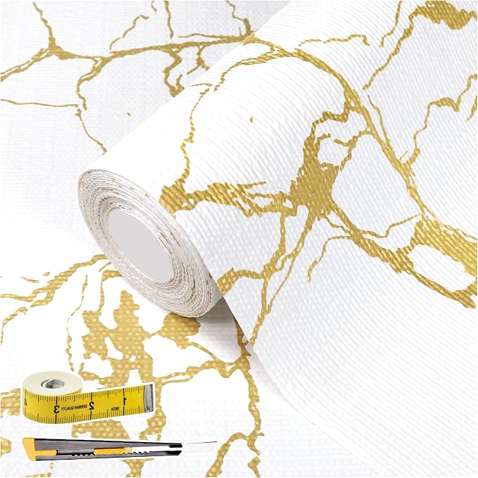 Drawer and Shelf Liner for Kitchen Cabinet Non Slip Waterproof | Shelf Paper 23.6 in X 20 Ft Non Adhesive Refrigerator Liners Gold White Marble Easy Liners for Bathroom Cupboard