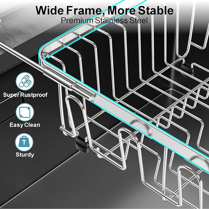 GSlife Dish Drying Rack Over the Sink with Twist-Lock Extendable Handle | Stainless Steel Dish Drainer with Cup Holder and Utensil Holder for Small Kitchen, Apartment, RV, Rustproof, Silver