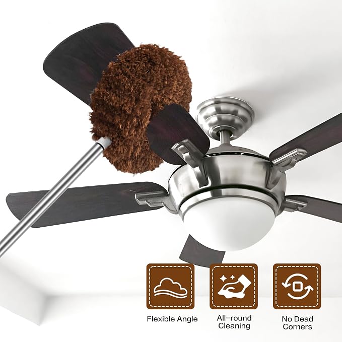 Ceiling Fan Cleaner Duster Reusable Microfiber Ceiling Fan Blade Cleaner Removable Duster with Extension Pole Adjusts 13 to 49.7 Inch for Cleaning Walls Bookshelves Furniture Door Window Top (Brown)