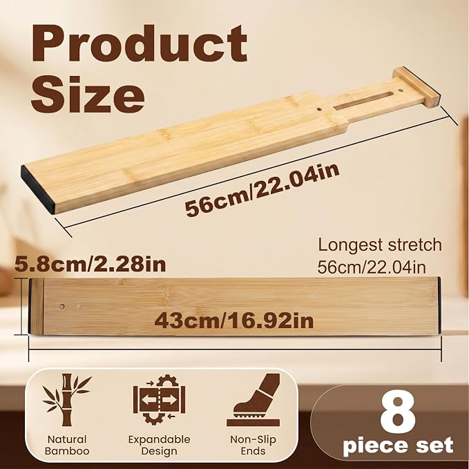 Joyeee Kitchen Drawer Dividers 8 Pack, 17-22" Adjustable Bamboo Drawer Organizer, 2.36" High Expandable Utensils Separators for Closet, Dresser, Bathroom, Bedroom