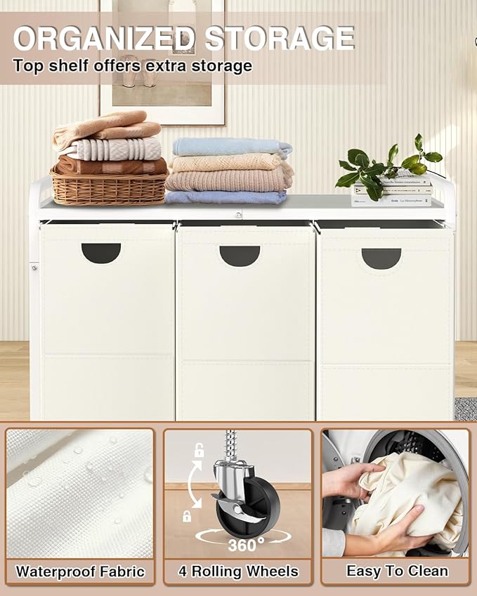 Laundry Hamper 3 Section,Laundry Basket with Wheels,3×15.8 Gal (60L) White | Laundry Room Organization with Wooden Desktop Shelf,Pull-Out and Removable 900D Oxford Fabric Laundry Bags for Laundry Room