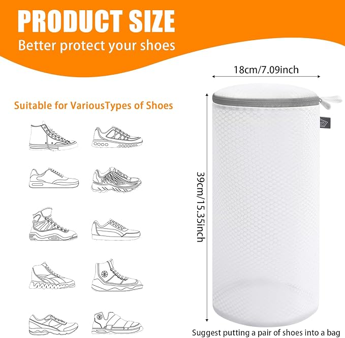 Shoe Washing Machine Bag, Shoe Bag for Washing Machine, Mesh Laundry Bags for Sneakers, Footwear, Trainers, Slippers, Honeycomb Net, Grey Zipper, 7x15" (Pack of 2)