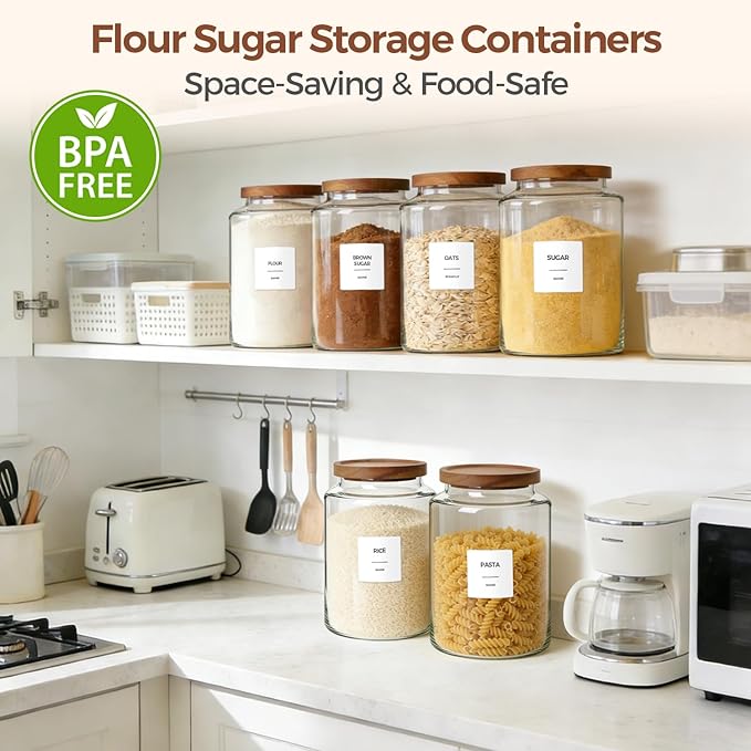 ComSaf 2Pcs (4.2Qt/1Gal) Wide-Mouth Flour Sugar Storage Containers - Include Scoops & Labels, Easy to Scoop & Airtight, Large Glass Jar for Bakers to Store Flour, Rice, and Dry Goods in Kitchen Pantry