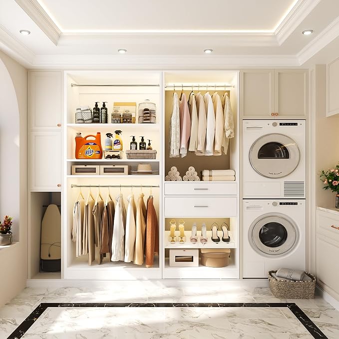 Unikito Closet System Set of 2, 5FT Closet Systems with 2 Wood Drawers, 61" Closet Organizer System with 3 Hanging Rods & 2 Shelves, Heavy Duty 61 Inch Walk-in Closet , White (61" L x 16" W x 80" H)