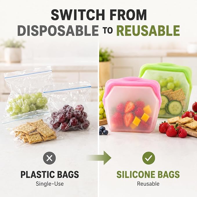 2 Pack Reusable Silicone Food Storage Bags,1000ml Stand-Up Freezer Bags | Leak Proof, Upright Freezer Bags, Odor-Proof, High-Temperature Resistant