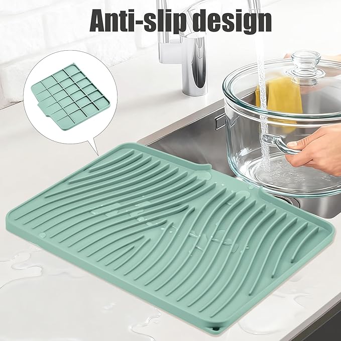 TIKNIK Silicone Dish Drying Mat for Kitchen Counter - Heat Resistant & Non-Slip Dish Drain Pad with Built-In Drain, Dishwasher Safe, Quick-Dry, Hangable & Roll-Up for Storage, Mint-1pcs, 16" x 12"