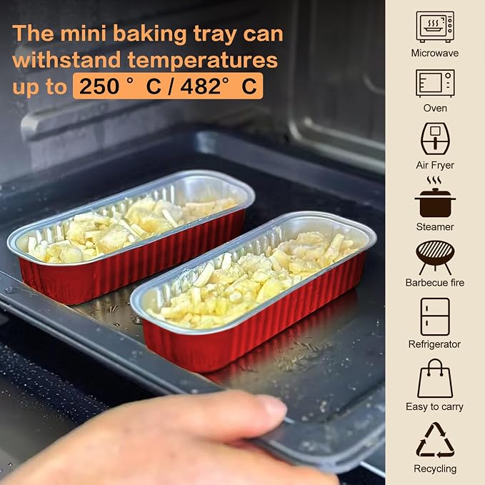 100 Pack Mini Cake Pans with Lids and Spoons, Mini Loaf Baking Pans 6.8oz, Small Disposable Aluminum Foil Loaf Pans, Rectangular Baking Containers for Party and Picnics, Cheesecake Pans (Red)