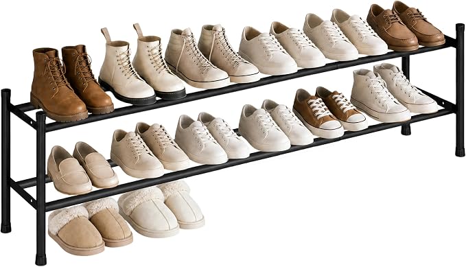 STORAGE MANIAC Long Expandable Shoe Rack, 12 Pairs Metal Wide Stackable Shoe Rack, Adjustable Shoes Shelf, Freestanding Shoes Organizer for Closet, Entryway, Hallway, Garage, Front Door, 2 Tiers