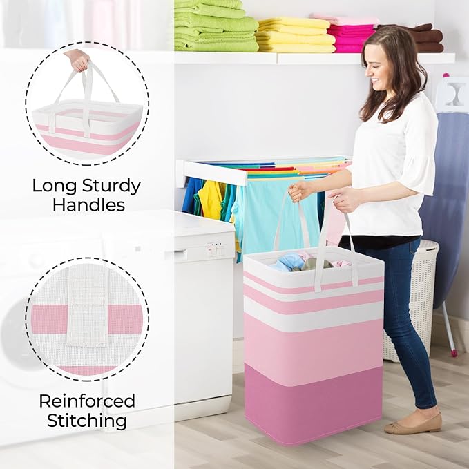 StorageRight Laundry Basket Hamper, 75L Collapsible Clothes Storage, Pink | Freestanding Clothes Hampers, Foldable design, with Easy Carry Handles, For Laundry, Bedroom, Dorm, Clothing, Towels, Toys