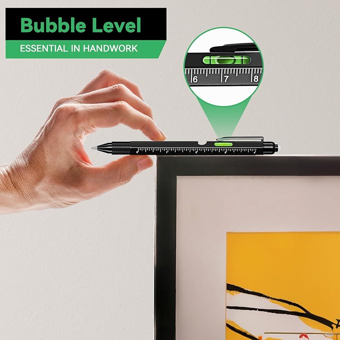 9-in-1 Multitool Pen, Black | with LED Light, Stylus, Level, Ruler, Bottle Opener, Screwdriver, Gifts for Men, Women, Dad, Husband, Birthday Gifts for Men