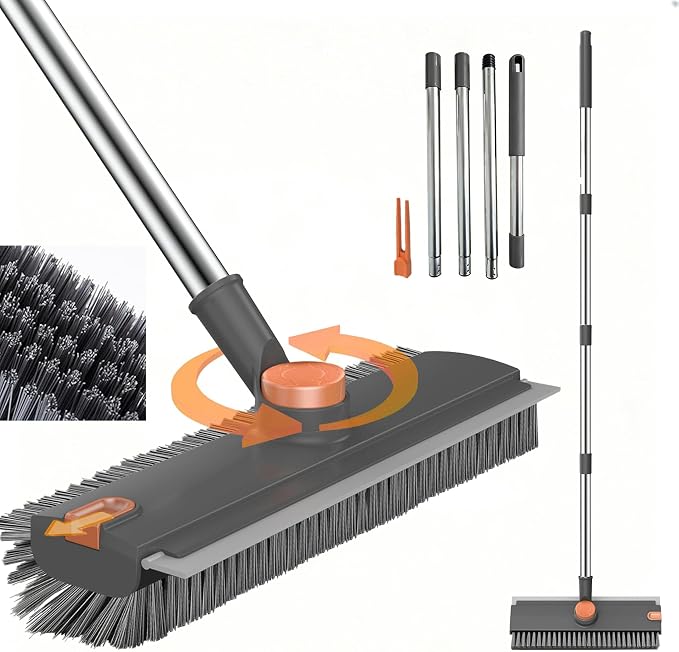3 in 1 Long Handle Floor Scrub Brush with Squeegee | Adjustable stiff bristle scrubber with squeegee & tweezer, duty multi-surface for shower tile patio kitchen bathtub cleaning