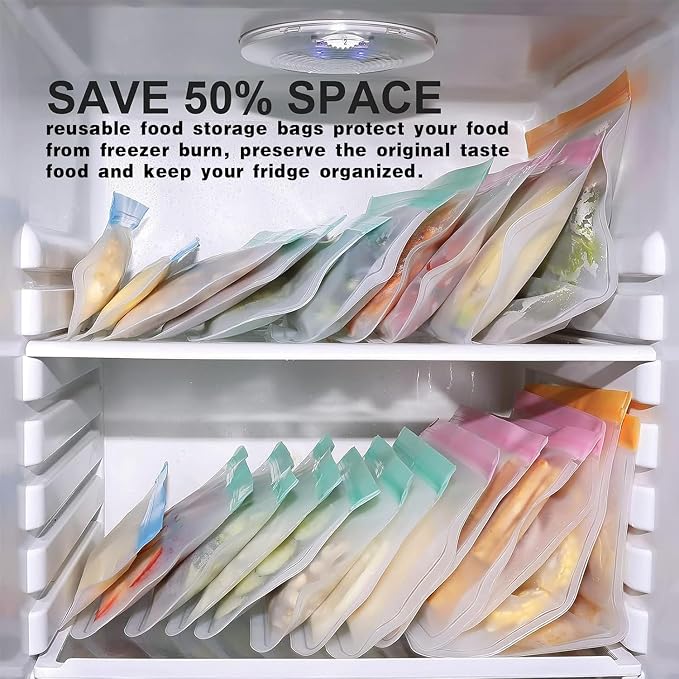 10Pack Reusable Freezer Bags, Leakproof Silicone Food Storage Bags, Dishwasher Safe Bpa Free Reusable Bags For Lunch Marinate & Travel - 3 Gallon, 4 Sandwich, 3 Snack Sizes