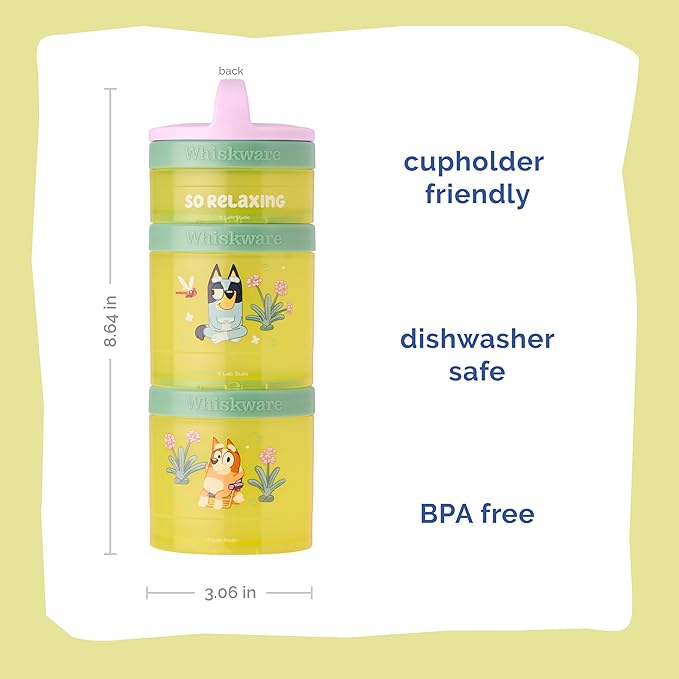 Whiskware Bluey Stackable Snack Containers for Kids and Toddlers, 3 Stackable Snack Cups for School and Travel, Bluey and Bingo, So Relaxing! (Pack of 12)