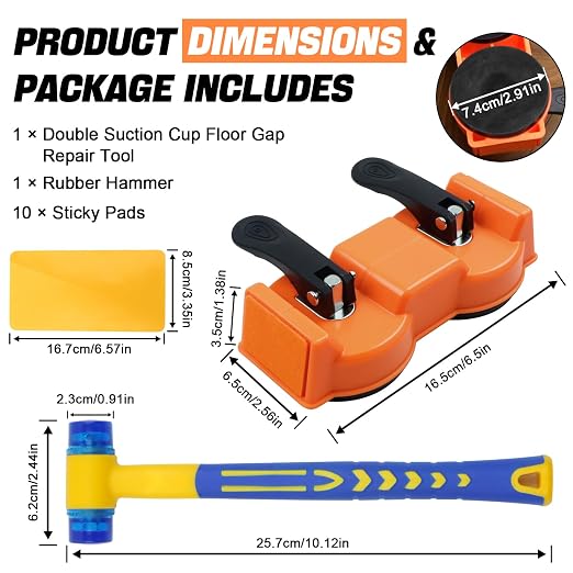 Floor Gap Fixer Tool with Dual Vacuum Suction Cups,Tool to Fix Floor Gaps | Floor Suction Repair Tool with Noise Reducing Felt Pads,Rubber Mallet &10 Adhesive Pads for Fixer Laminate,Hardwood Flooring