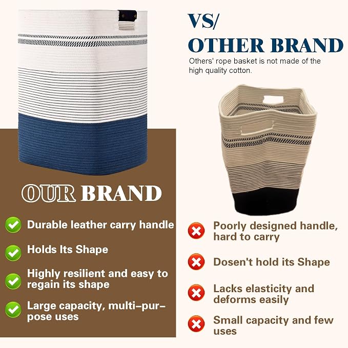 Laundry Hamper, 75L Tall Laundry Basket with Leather Handles, Rectangle Large Clothes Hamper for Organizing, Cotton Woven Laundry Baskets Storage Hampers for Bedroom, Nursery, Living Room