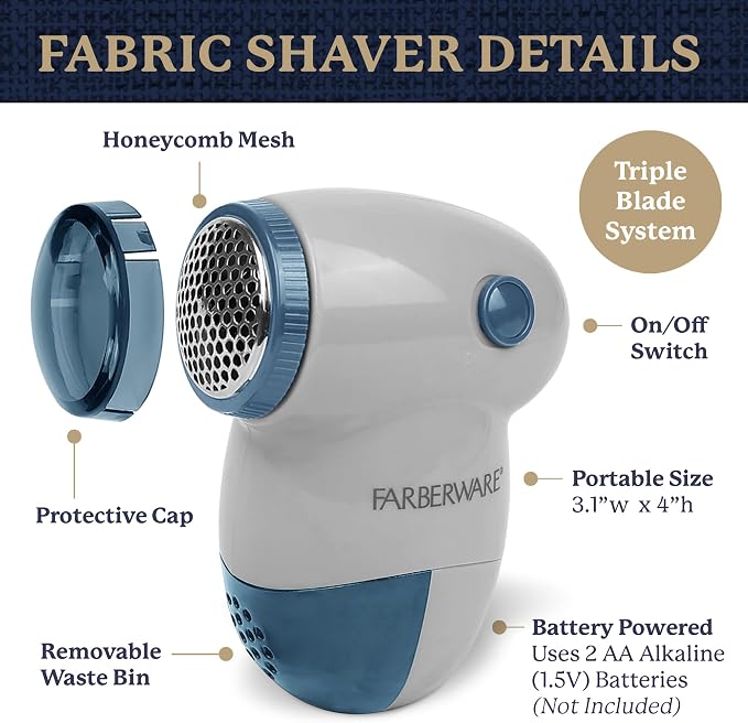 Farberware Fabric Shaver & Lint Remover for Clothing, Small, Portable | Triple blade sweater shaver removes pilling, fuzz, and lint balls from clothes, couch, and furniture, battery operated