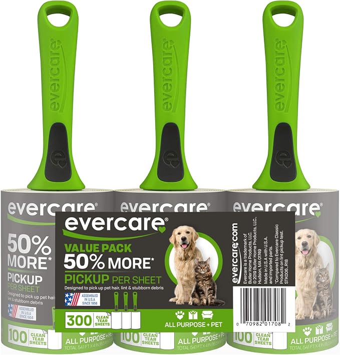 Evercare Pet Hair Lint Rollers All Purpose Use 100 Easy-Tear Sheets Per Roll Reusable Sticky Roller Pets Cat & Dog Hair Remover Contoured Handle For Furniture Clothing & Cars, Set of 3, Green