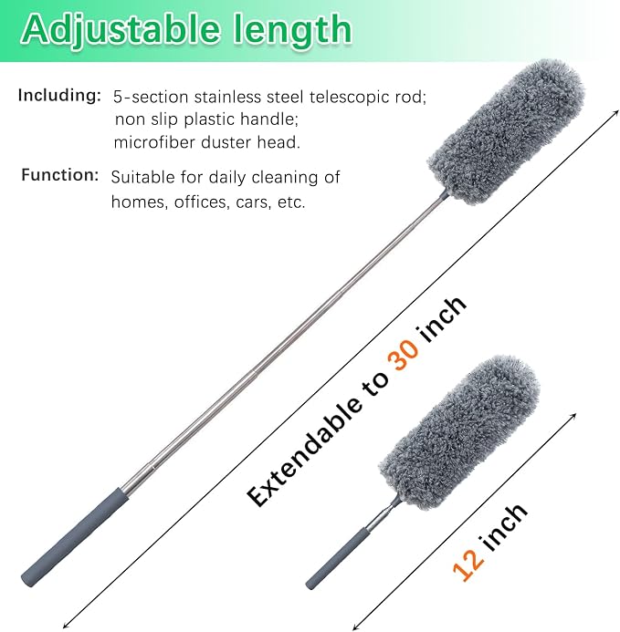 2 Pack Microfiber Duster for Cleaning, Small Dusters with Microfiber Head, Extendable Pole, Hand Washable, Cleaning Supplies for Office, Car, Window, Furniture