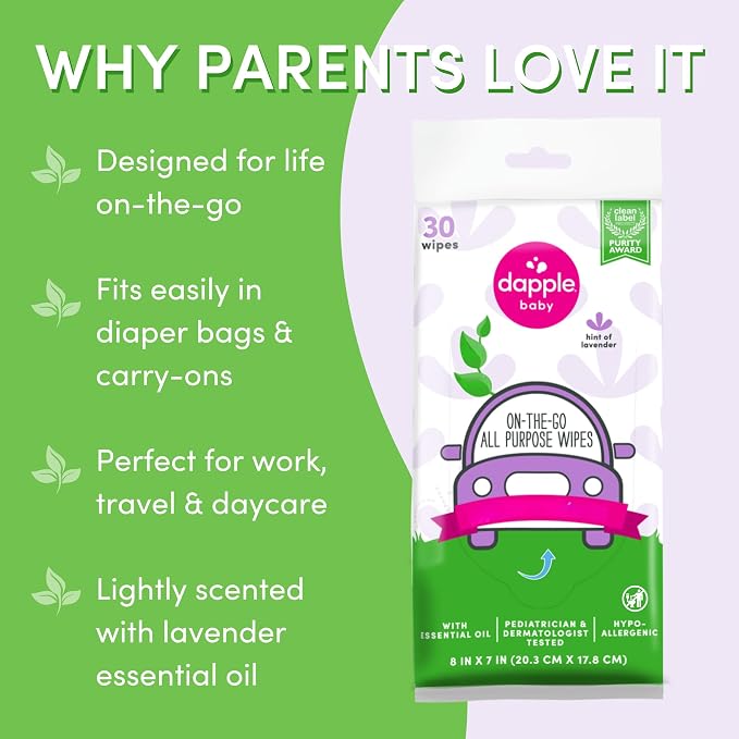 Dapple Baby All Purpose Wipes, Hint of Lavender, Plant Powered, Hypoallergenic, 30 Count (Pack of 4)