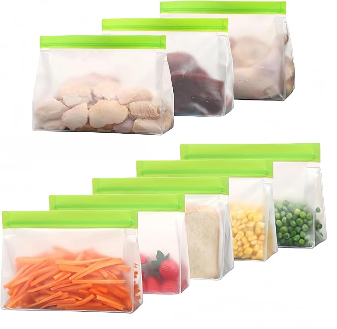 PABCK 10Pcs Reusable Silicone Freezer Bags 5Green+5Orange 9.8x7.3+2.76 inch | Stand Up Freezer Food Bags Leakproof Resealable Produce Bag for Sandwich Smell Proof Fridge Organization for Lunch Travel