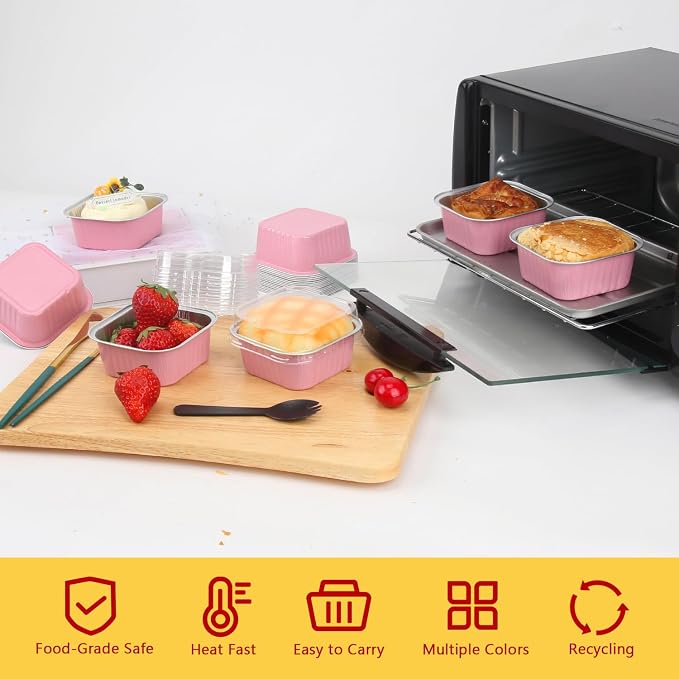 LNYZQUS 5oz Square Cupcake Pan with Lids 40 Pack, Aluminum Foil Muffin Cups,Disposable Ramekins Mini Cake Brownie Baking Pans Jumbo Cupcake Liners Muffin Tin-Pink