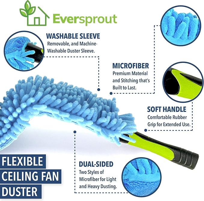 EVERSPROUT Ceiling Fan Duster with 3 Foot Pole, Bendable Microfiber Cleaner | Extends 1.5 to 4.5 Feet, 8-10 Foot Standing Reach, for Celiling Fans, Blinds, Shelves, Walls and More, Machine Washable
