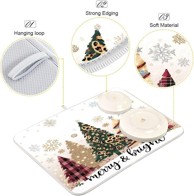 Christmas Tree Golden Dish Drying Mat for Kitchen Countertop 18x24 Winter Snowflake White Xmas Large Drying Mat Reusable Quick Dry Dish Sink Mats Easy Clean Decorative Essentials