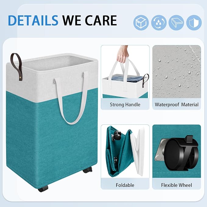 HomeHacks 90L Rolling Laundry Basket with 4 Wheels Collapsible Green | 4 Wheels, Waterproof PEVA Lining, Cotton Flax Fabric, Metal Frame, Bathroom Laundry Room Dorm Storage, Space-Saving Design