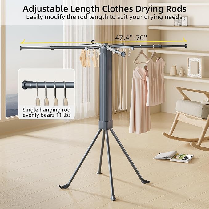 BIREN Clothes Drying Rack Foldable Extending Laundry Rack with 16 Clips Collapsible Clothing Rack Space-Saving Clothing Racks for Hanging Clothes, Indoor, Camping, Balcony, Outdoor