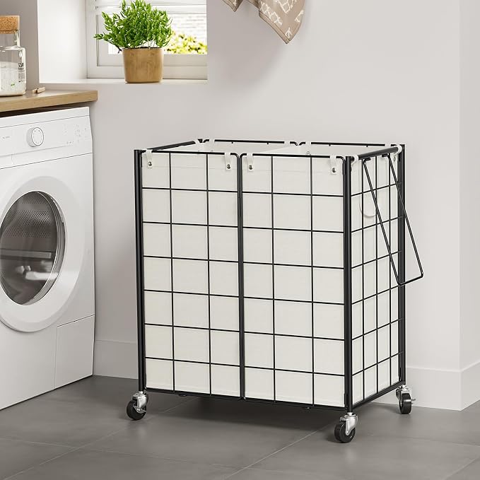 WOWLIVE Double Laundry Hamper with Wheels, Metal Rolling Laundry Basket | Wire Frame Hamper with 2 Removable Bags, 120L Dirty Clothes Hamper Organizer Dorm Room Storage for Bedroom, Black and White