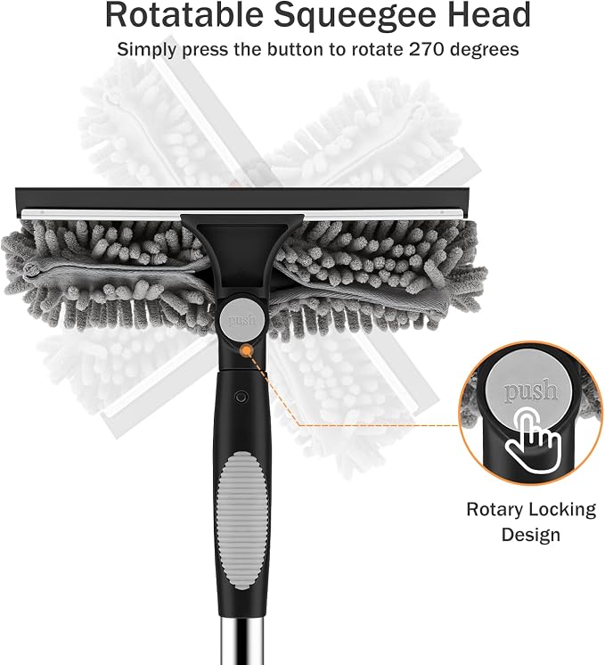 SetSail Window Squeegee with Extension Pole 2-in-1 Window Cleaning Kit Professional Window Cleaner Tool with Rotatable Head and 2 Scrubbers for Outdoor Indoor Car Windows Glass, Black Grey