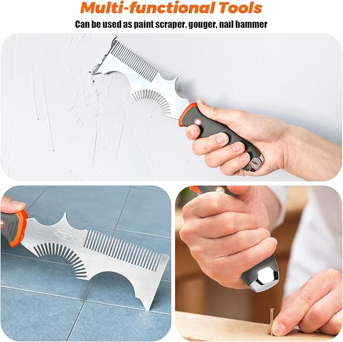 8-in-1 Paint Brush Comb and Paint Roller Cleaner Tool | Solvent-Resistant Stainless Steel Teeth, Easy Grip Rubber Handle, Putty Scraper, Small, Large Paintbrush & Roller Cleaning