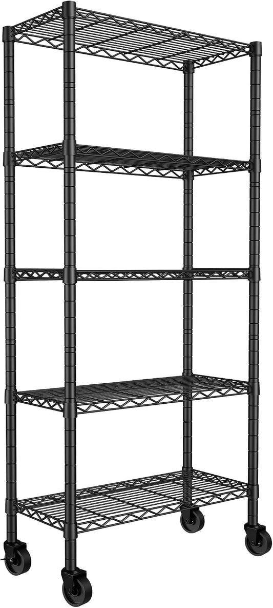 REGILLER 5-Wire Shelving Metal Storage Rack Adjustable Shelves,Standing Storage Shelf Units for Laundry Bathroom Kitchen Pantry Closet(Black,14.1" D x 30" W x 82" H,With Wheels)