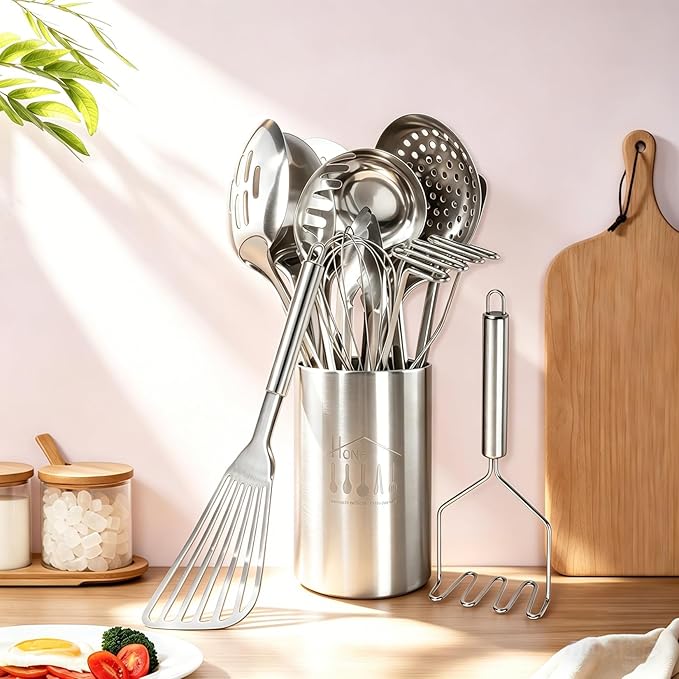 Stainless Steel Kitchen Utensils Set - 12pcs Cooking Utensils Set with Holder, Heat Resistant Kitchen Tool Set for Cooking with Turners, Potato Masher, Spatula, Spoons, Tongs, Whisk
