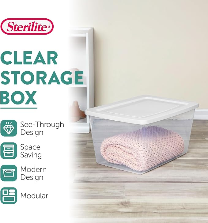 Sterilite 6-Pack Clear Storage Box, Stackable Container Bins with Lids, 58 Qt, White – Plastic Containers for Home, Closet, Bathroom, and Office Organization