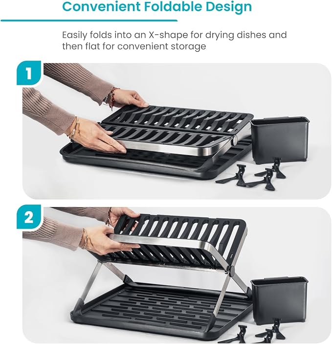 Home Zone Living Dish Drying Rack for Kitchen Counter | X-Shape Foldable Design with Drip Tray and Holder for Utensils and Wine Glasses