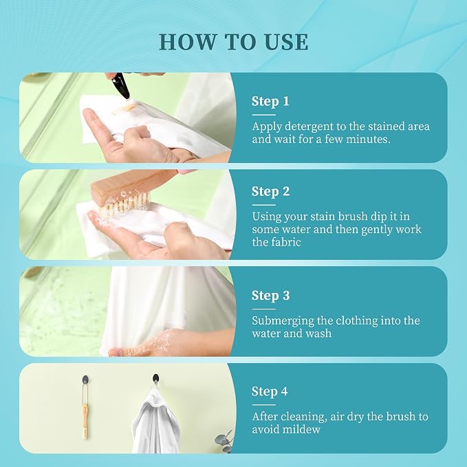 Laundry Stain Brush, Natural Soft Boar Bristles, Removes Tough Stains from Delicate Fabrics Like Knits, Cotton, and Linens, Gentle on Fabrics, No Damage