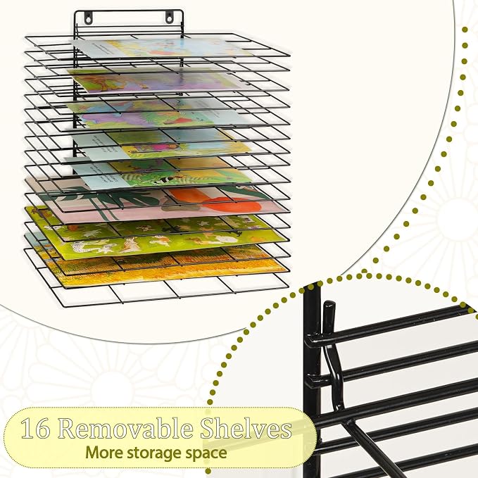 16 Shelves Art Drying Rack for Classroom, Paint Drying Rack, Black | Drying Rack Classroom, Wall Art Storage Rack, Removable Shelves for Classrooms and Art Studios