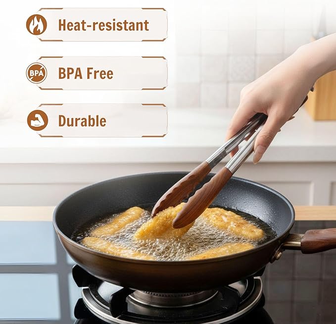 Wooden Tongs for Cooking with Stainless Steel Long Handle – Non-Slip Design, Hanging Hole, Perfect for BBQ, Salad Tossing & Serving, Household Creative Cooking Tongs (9 Inch)