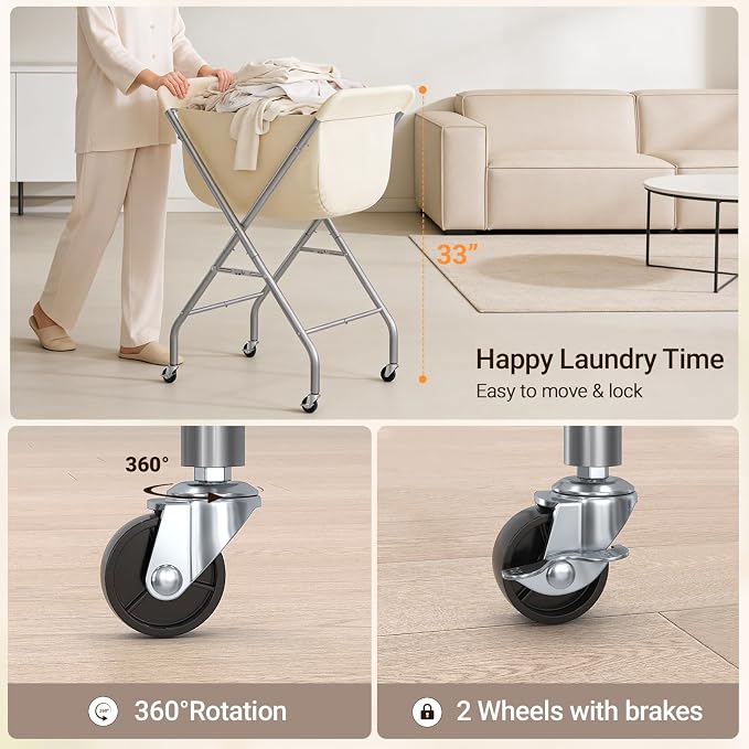 ELYKEN Laundry Basket with Wheels, Collapsible Laundry Hamper, Cream | Removable Liner Bag, Foldable Design, 118L Capacity, Sturdy Metal Frame, 4 Casters, Laundry Cart for Bedroom, Laundry Room