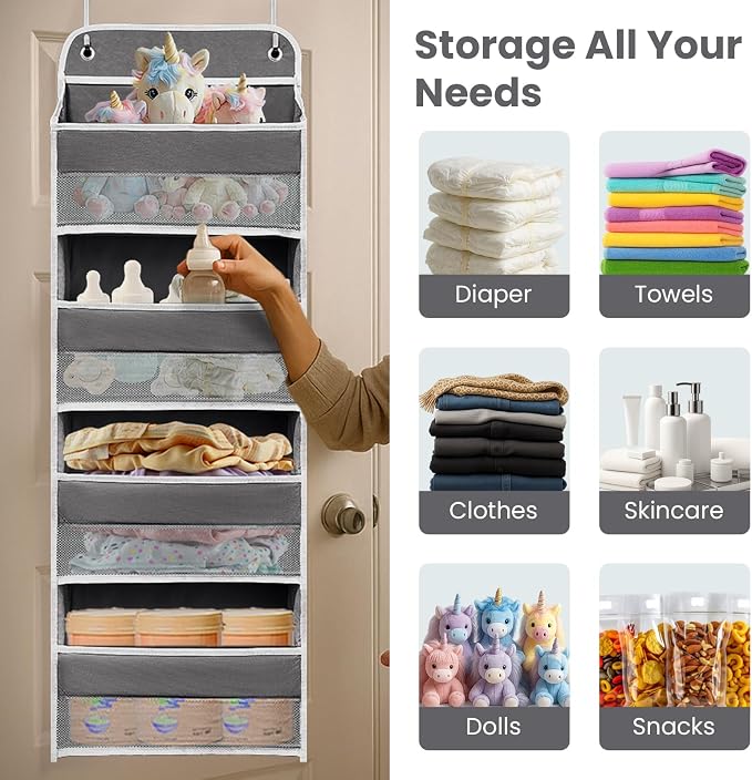 Ease of Assembly Over The Door Organizer,4 Shelves & 4 Side Pockets,Anti Tilt Hanging Behind Door Storage, Heavy-Duty Reinforced Mesh Rack Holds 44lb for Bathroom,Pantry, Nursery,Closet, Shoes, Towels