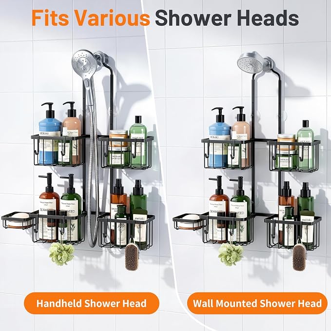 Luxspire Shower Caddy Hanging over Shower Head, Rustproof Adjustable Shower Rack No Drill, Thickened Stainless Steel Shower Organizer and Storage for Inside Shower with Hook Soap Holder, Black